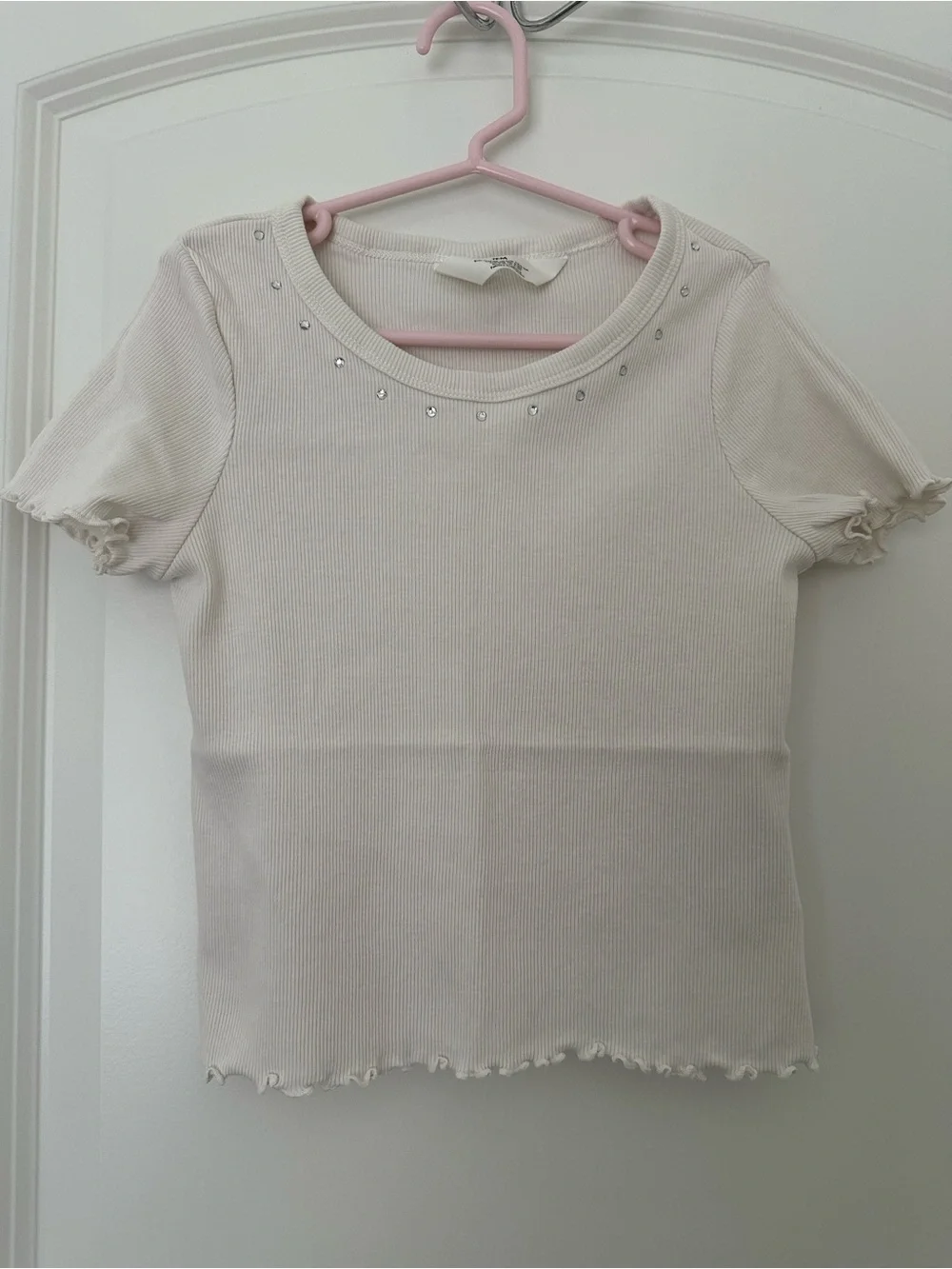 Girls' Short Sleeve Ribbed Top with Rhinestone Neckline - Cream